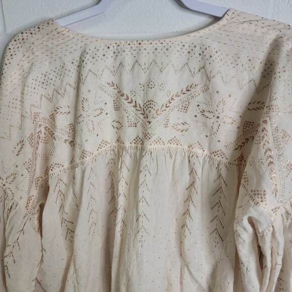 Free People Top Cream Gold Blouse Boho Counting Stars Peasant Raw Hem Large - Picture 4 of 9